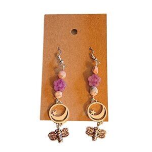 925 Silver Earwires Handmade Dragonfly Earrings Czech Flower Coral Moon Star